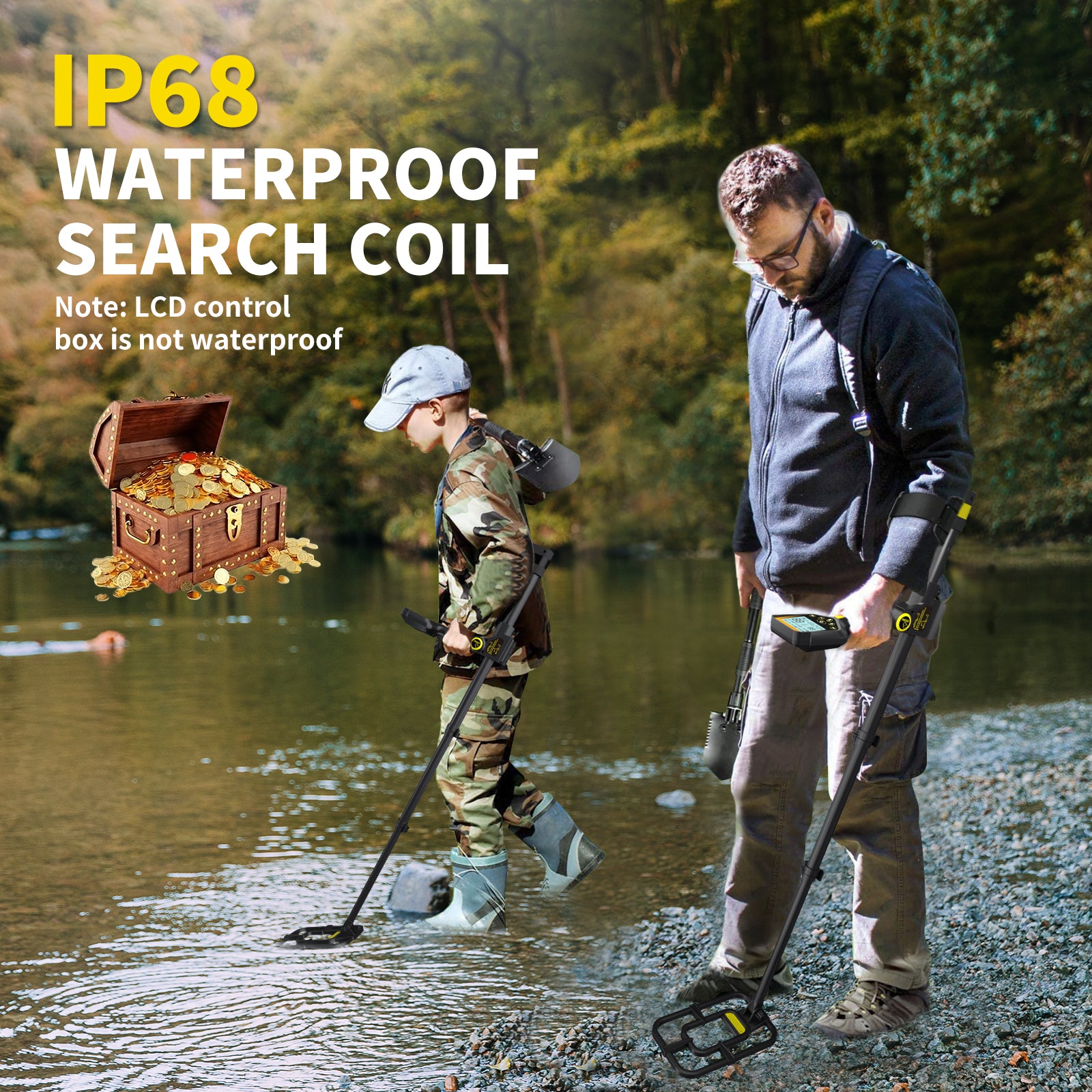 ANEKEN Waterproof Retractable Foldable Metal Detector - 2000mAh Rechargeable Professional Gold Detector with LCD Display, 10"" IP68 Coil