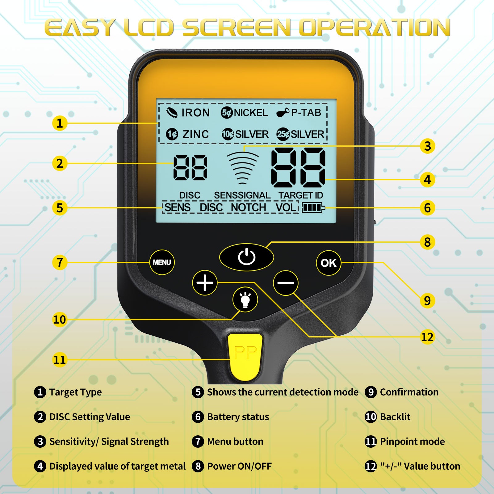 ANEKEN Waterproof Retractable Foldable Metal Detector - 2000mAh Rechargeable Professional Gold Detector with LCD Display, 10"" IP68 Coil