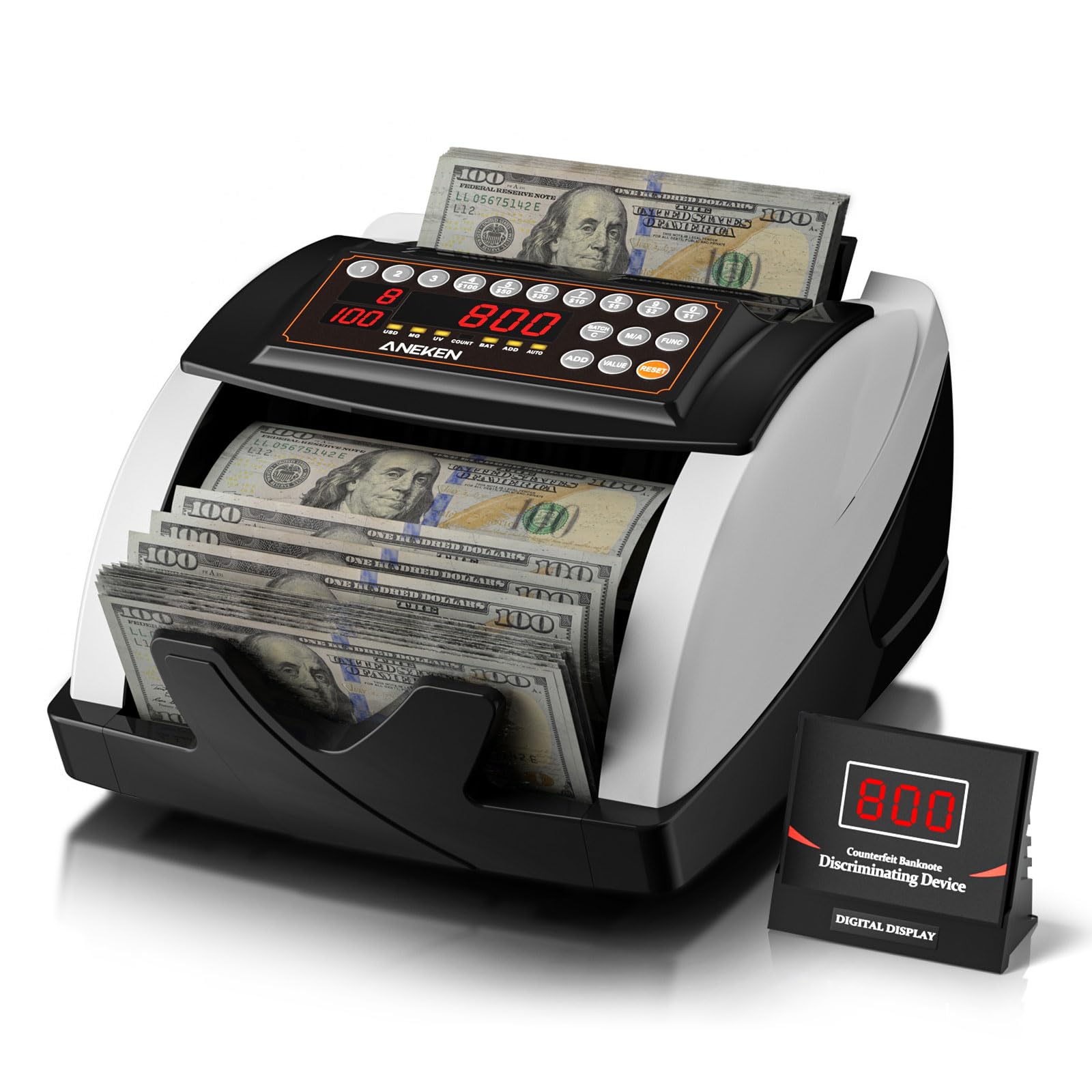 Aneken Money Counter with Value Count, UV/MG/IR Counterfeit Detection for Dollars Euros Machine with Count/Add/Batch/Auto Modes, Cash Counter with External LCD Display, White