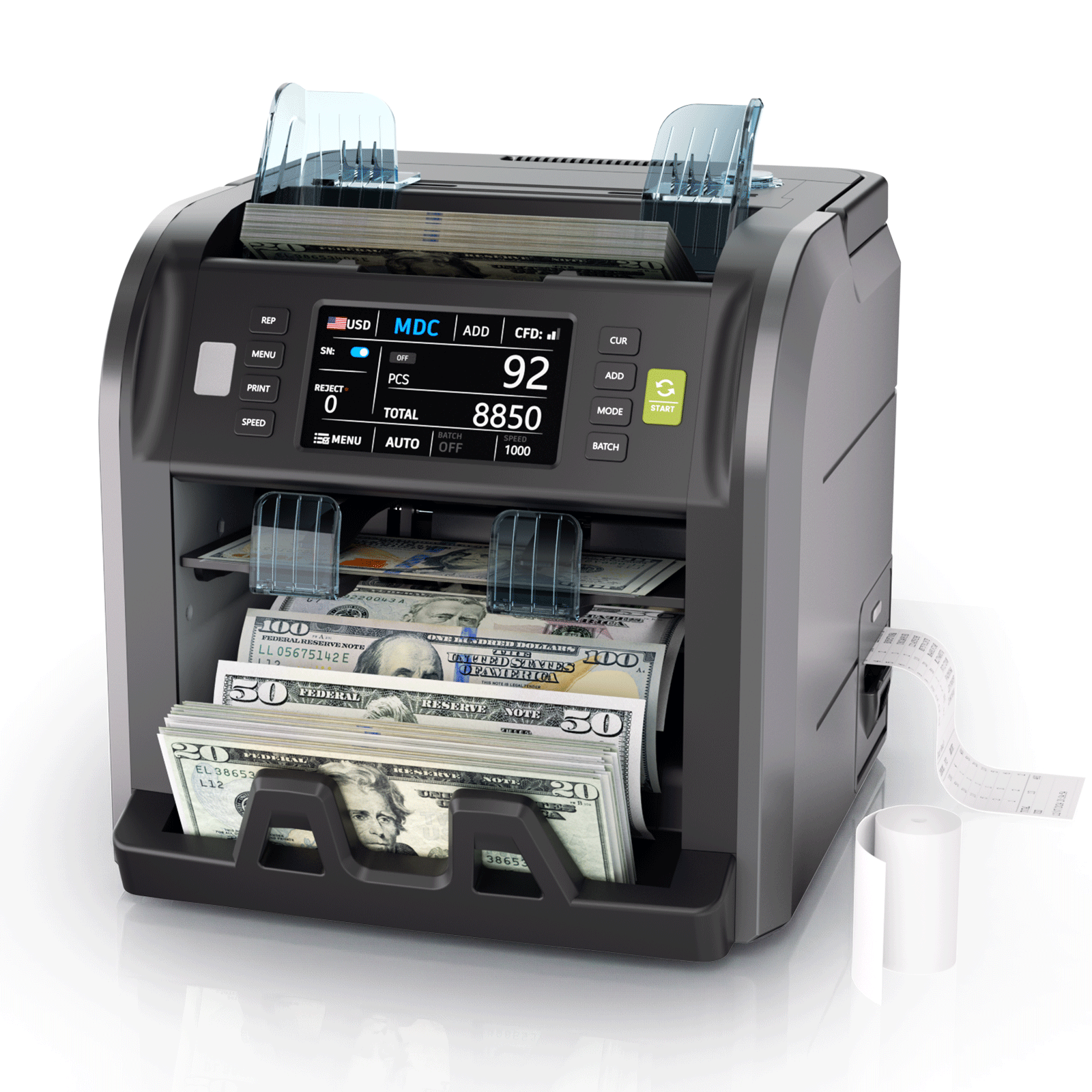 Aneken Ultra 2-Pocket Money Counter Machine Mixed Denomination with Built-in Printer, Multi-Currency Counter with Touch Screen, Bank-Grade Money Sorter with 2 CIS/UV/MG/IR/DD/DBL/HLF/CHN