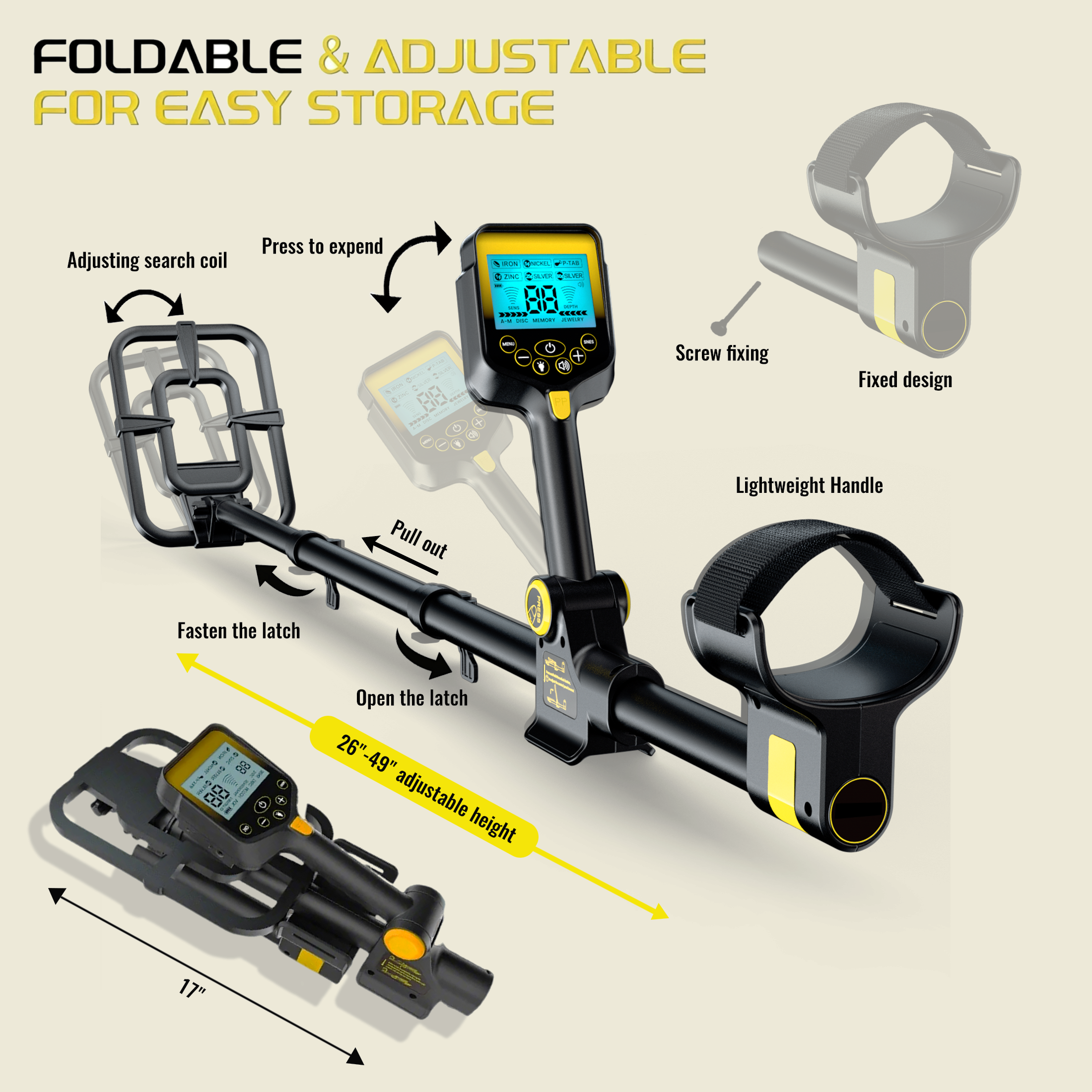 Metal Detector for Adults Professional, Up to 20 Hours of Extended Runtime, Adjustable Retractable Foldable Metal Detector Waterproof High Accuracy Gold Detector, Backlit LCD Display